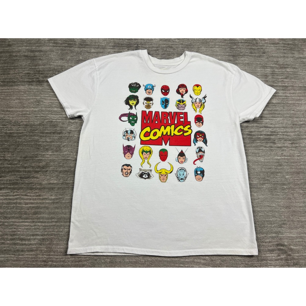 Marvel T-Shirt Mens L White Comic Character Grid Logo Graphic Tee Retro Slv